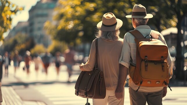 Seniors Embarking on Adventurous Retirement Travels with Backpacks and Suitcases