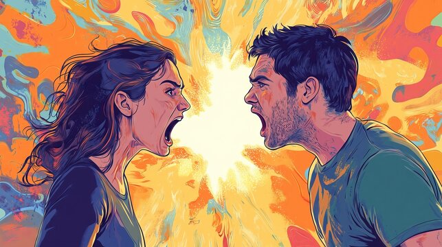 A man and a woman are screaming at each other. Family quarrel, confrontation between a man and a woman