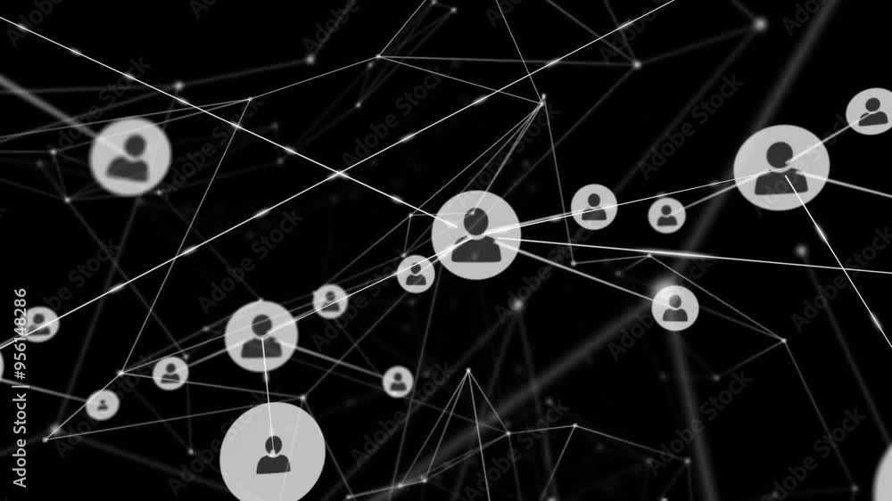 Poster network of connections and user icons animation over dark background