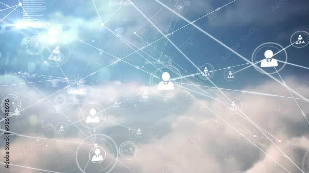Poster network of connections and data processing animation over cloudy sky background