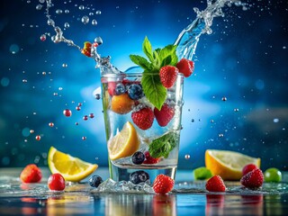 Refreshing glass of cold water bursts with flavor as vibrant drops of enhancer swirl in, adding zest to