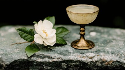 vintage cocktail glass with white flower on dark background