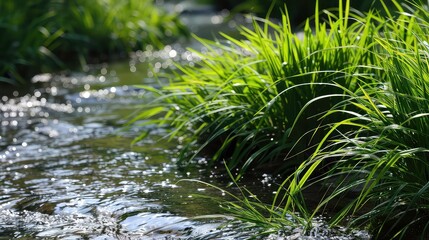 Green grass blades growing over a flowing stream of water.