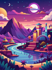 A Fantasy Landscape with a River Winding Through Mountains and Buildings Under a Night Sky
