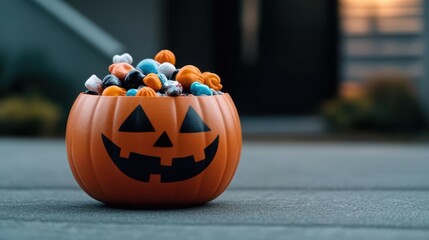 A vibrant Halloween pumpkin filled with colorful decorative pom poms, perfect for festive decorations and celebrations.