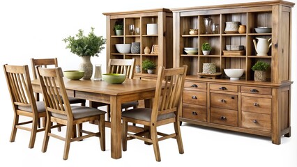 • Rustic wood dining room furniture features storage drawers and open shelves, grounded on a crisp white background,