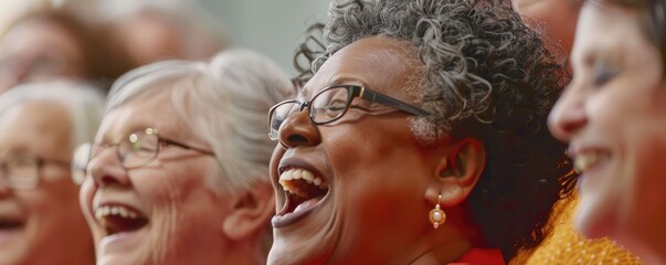 Elderly choir singing joyfully in a performance setting.