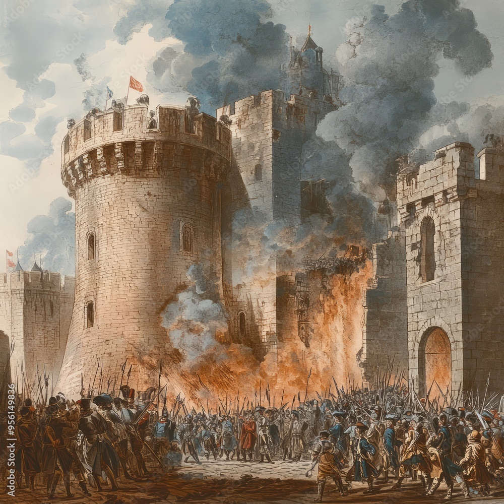 Poster A depiction of a battle scene with soldiers storming a burning castle.