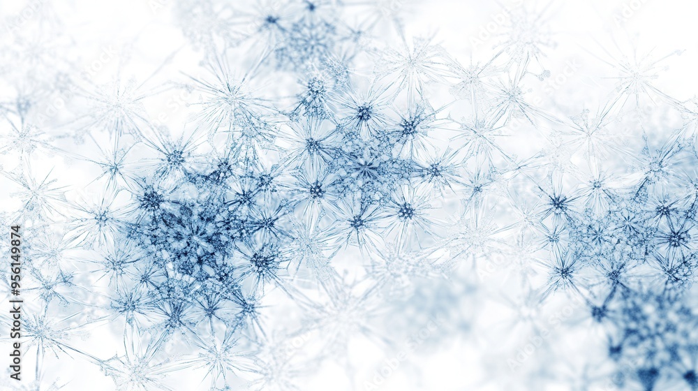 Poster Delicate blue snowflakes and intricate lines weave together, forming an ethereal pattern reminiscent of a calm winter landscape. Generative AI