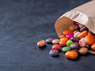 Colorful candies spilling from a paper bag onto a dark surface, creating a vibrant and tempting display of sweet treats.