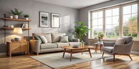 Fototapeta premium Soft beige sofa, sleek wooden console table, and stylish gray armchair create a warm and inviting atmosphere in