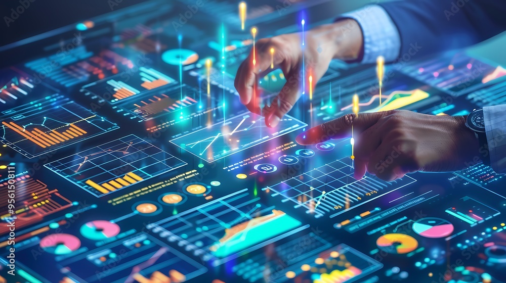 Poster person interacts with a digital interface analyzing data visualizing information charts graphs for f