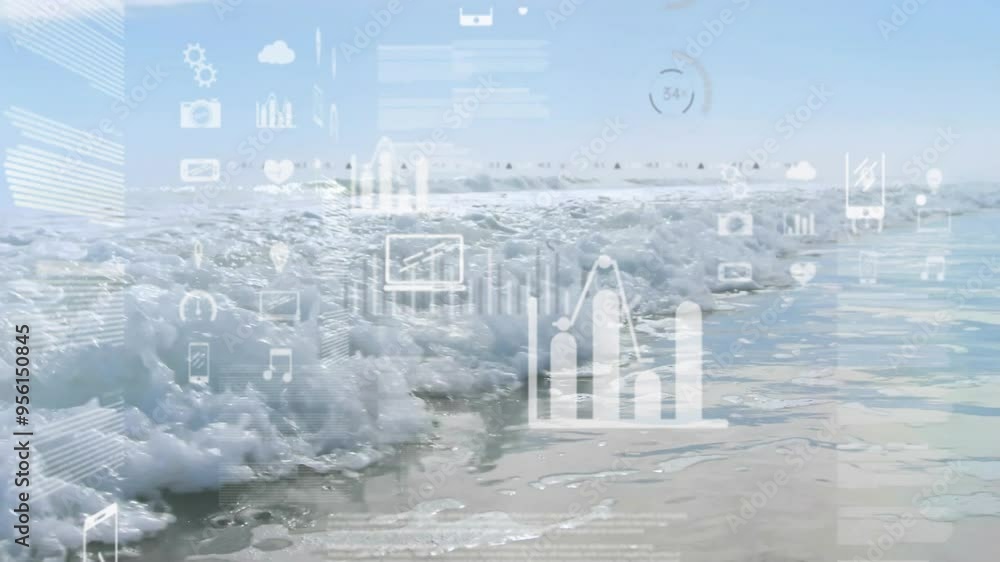 Poster digital data analytics animation over ocean waves on sunny day
