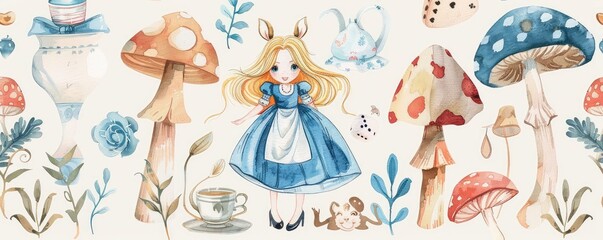 Whimsical animals and mushrooms with tiny fairy scenes
