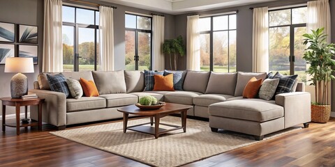 Soft cream accents and subtle patterned pillows adorn the modern four-piece sectional sofa, inviting cozy gatherings