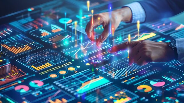 Person interacts with a digital interface analyzing data visualizing information charts graphs for futuristic modern Technology Innovation Concept.