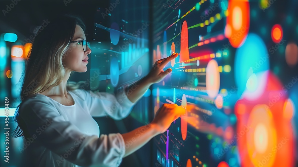 Poster woman with an interactive screen digital data analysis for future modern business analysis technolog