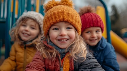 Obraz premium Happy Children Smiling in Winter Clothing on Playground