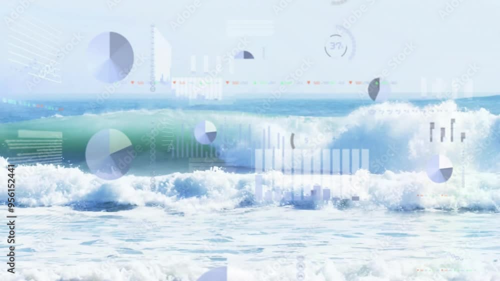 Canvas Prints Data processing animation over ocean waves crashing on shore