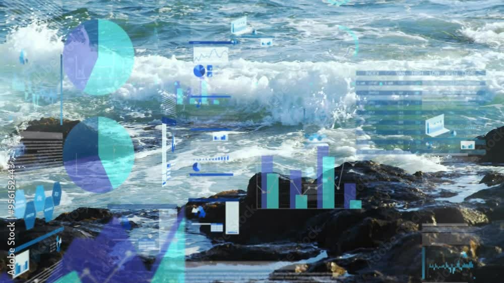 Poster charts and graphs animation over ocean waves hitting rocks