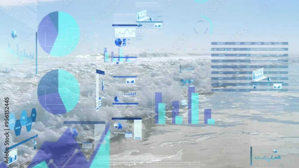 Poster charts and graphs animation over ocean waves crashing on sandy beach