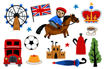 London set, United Kingdom Cartoon Icons Design Travel Concept. Red bus, castle, jockey, crown. Travel landmarks vector illustrations.