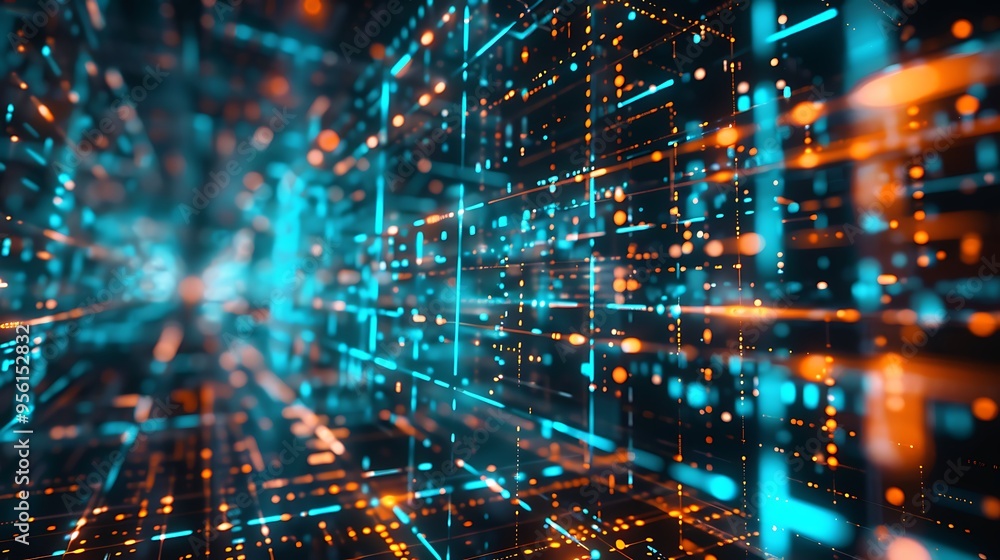 Poster abstract futuristic 3d rendering of digital network with glowing digital line dots for future techno