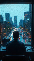 A man sits at a desk looking out a window at a rainy city at night.