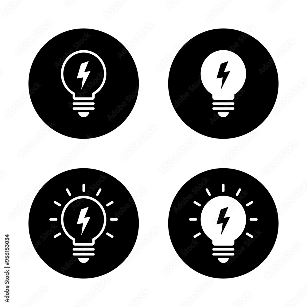 Poster lightning bulb icon set on black circle. lamp with flash concept