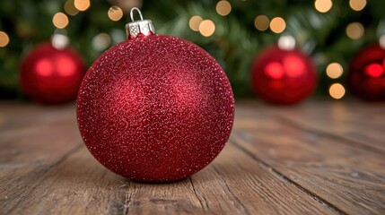 Sparkling red christmas ornament on wooden table