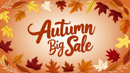 Autumn Sale Promotion Advertising Banner, orange color autumn big sale text with autumn maple leaves on peach tone background