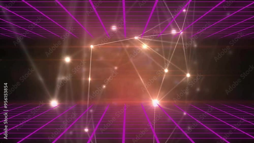 Poster glowing network connections and grid lines animation over abstract background