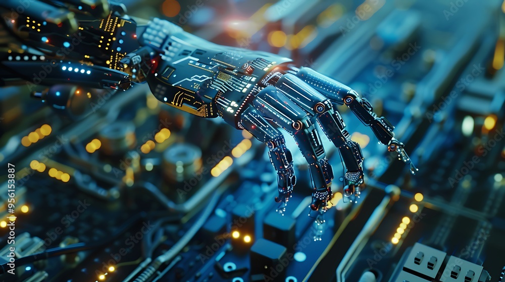 Poster futuristic robotic hand with digital circuit board for concept advancement of advanced technology fu