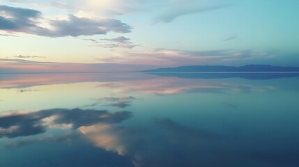 The drone captures a vast salt flat, where the ground is covered in a thin layer of water that perfectly reflects the sky above.