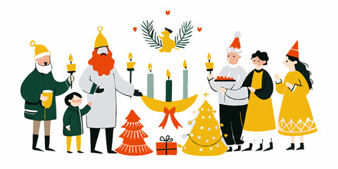 Family Celebrating Traditional Holiday Season with Candles and Decorations