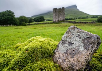Naklejka premium Moss-covered stone in a lush green field with a historic castle tower in the background