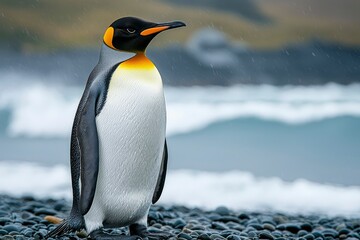 Fototapeta premium King Penguin Standing on a Pebbled Beach in the Rain