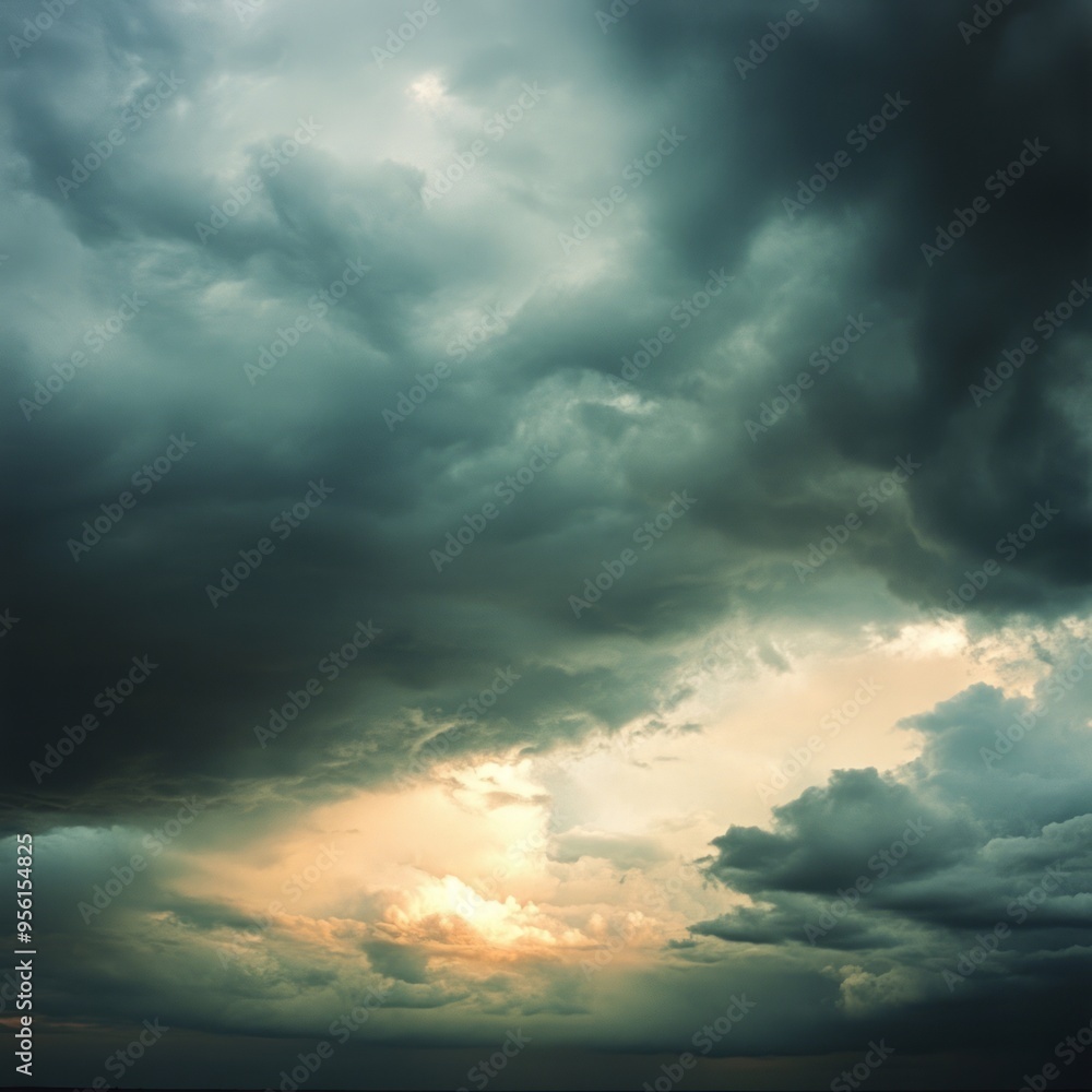 Canvas Prints A dramatic sky with dark storm clouds and a single ray of light breaking through.