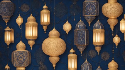 Golden lanterns hanging against a backdrop of rich, deep blue hues with intricate Islamic motifs