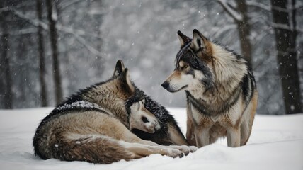 Fototapeta premium Snow cuddling wolves black and white