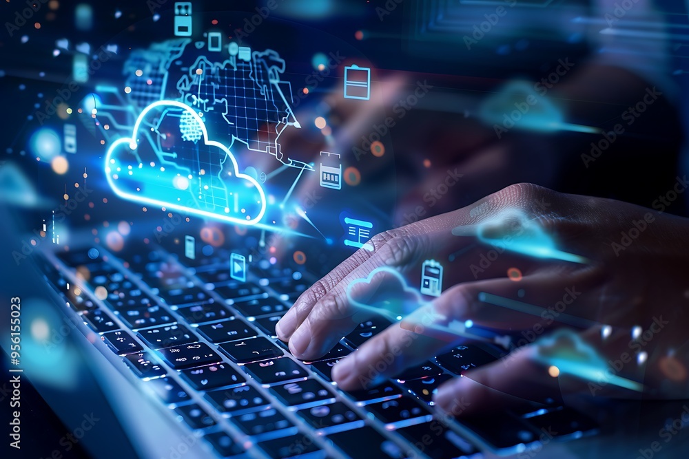 Poster a person using a laptop to access cloud computing with colorful digital effects