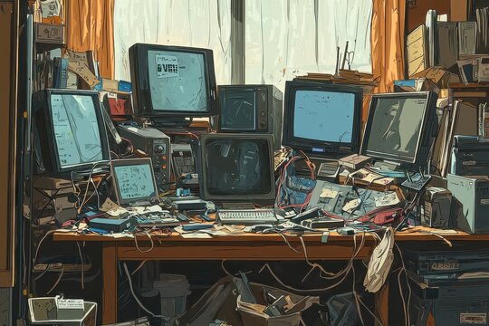 Cluttered workspace with outdated computer equipment and electronics