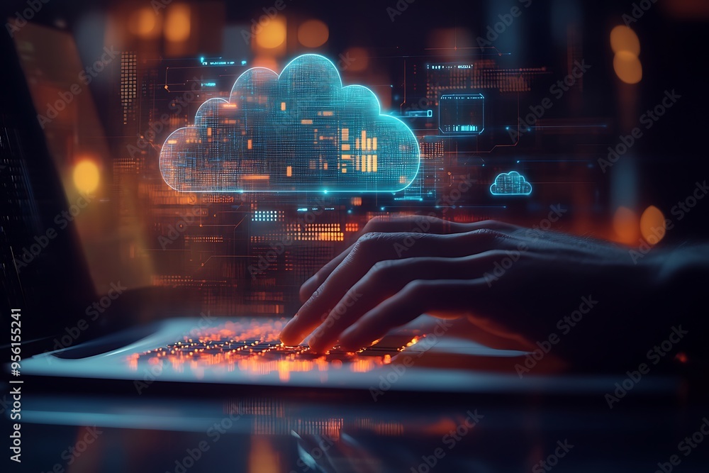 Poster a person using a laptop to access cloud computing with colorful digital effects