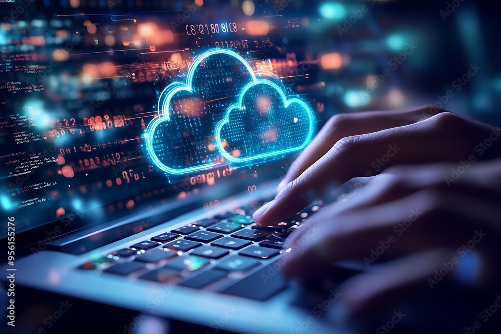 Poster a person using a laptop to access cloud computing with colorful digital effects