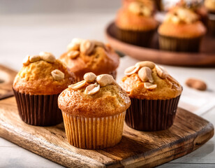 Peanut Muffins: Fluffy peanut muffins presented on a wooden board, with a cozy bakery background
