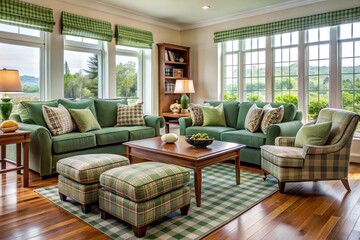 Obraz premium Soothing haven featuring a green plaid sofa, complemented by armchairs and an ottoman, anchoring the modern home's