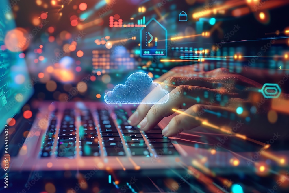 Poster a person using a laptop to access cloud computing with colorful digital effects