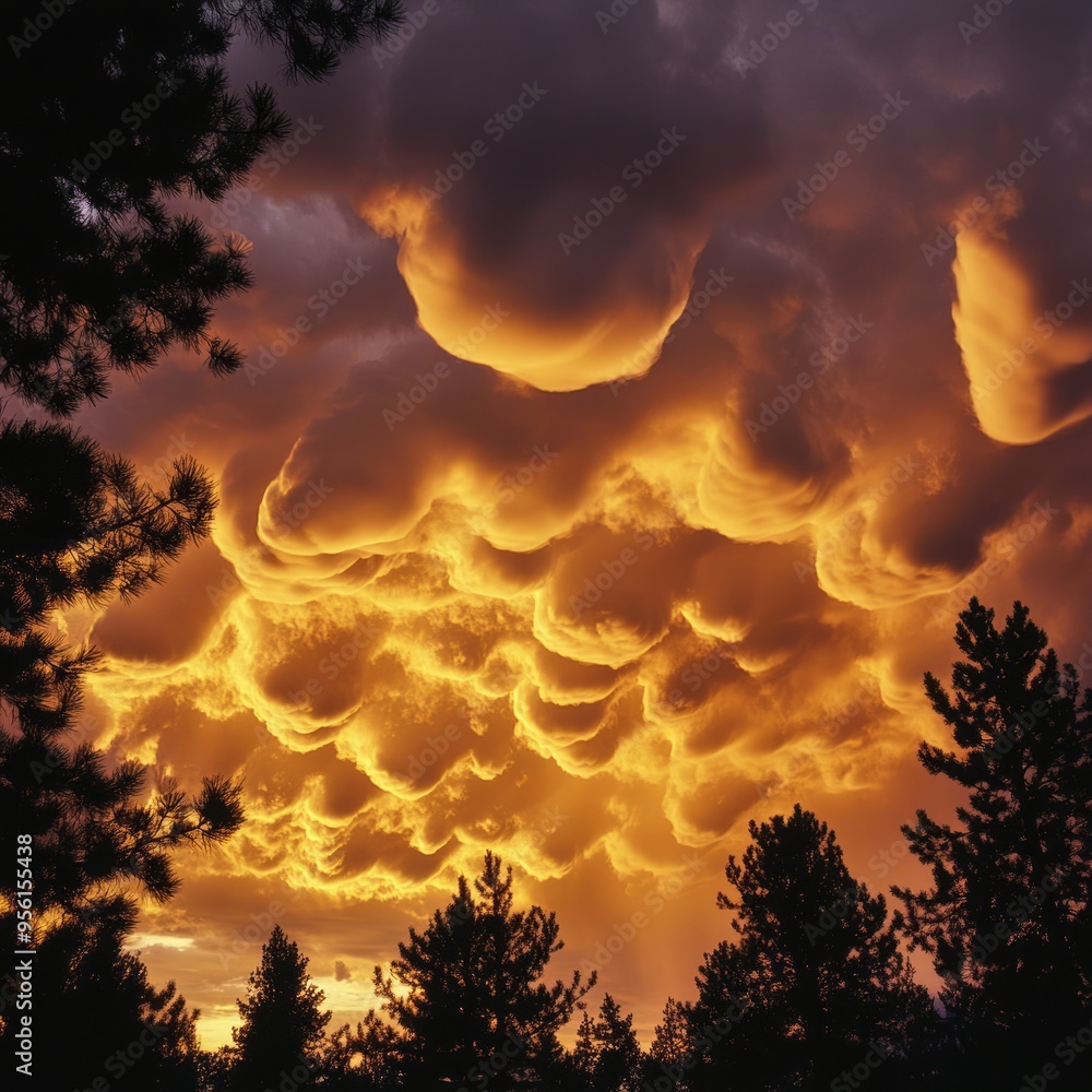 Poster A dramatic sunset sky with a fiery orange cloud formation framed by silhouette trees.