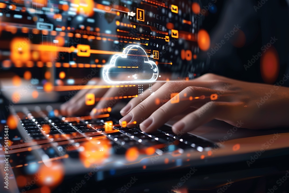 Poster a person using a laptop to access cloud computing with colorful digital effects
