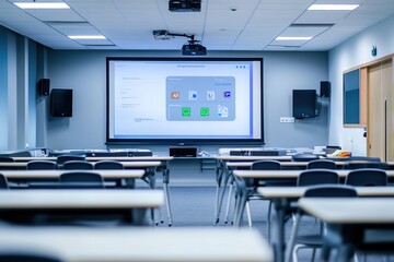 Empty modern classroom with digital whiteboard